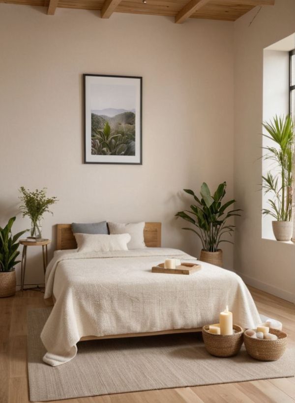 a green working space with laptop, notes, plants, computer